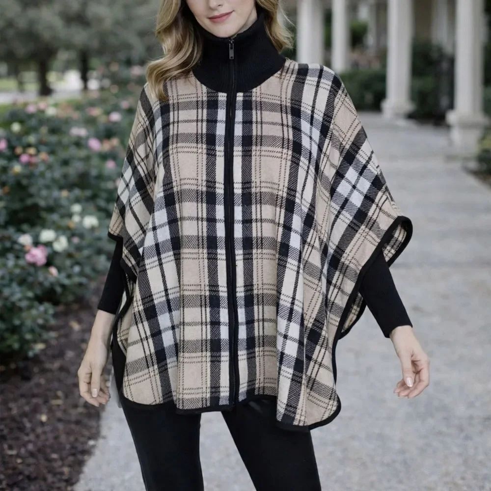 Jones New York Plaid Wool Blend Zip Up Cape/Poncho